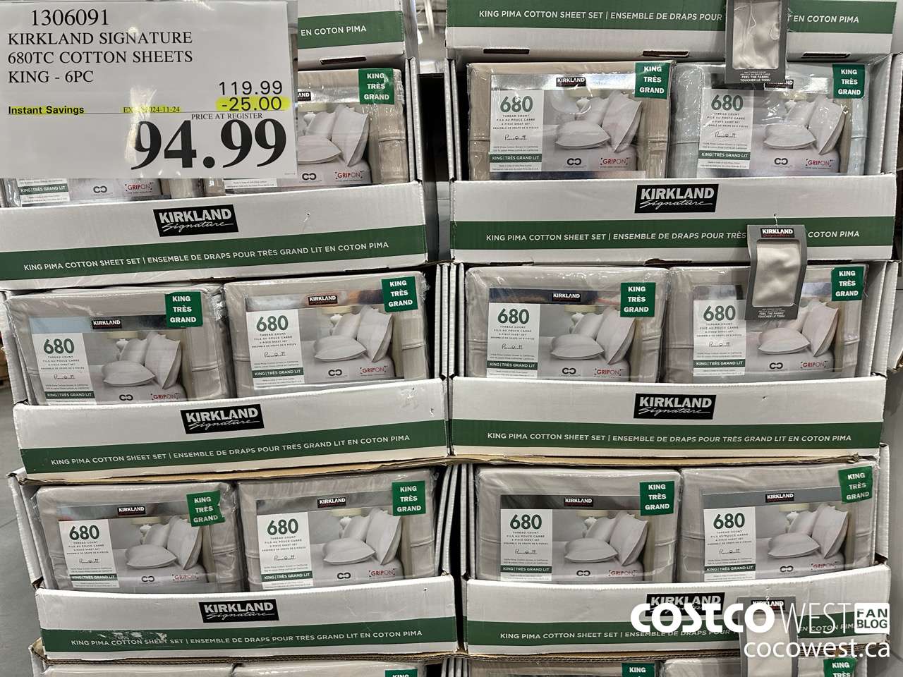 1306091 KIRKLAND SIGNATURE 680TC COTTON SHEETS KING 6PC ($25.00 INSTANT SAVINGS EXPIRES ON 2024-11-24) $94.99