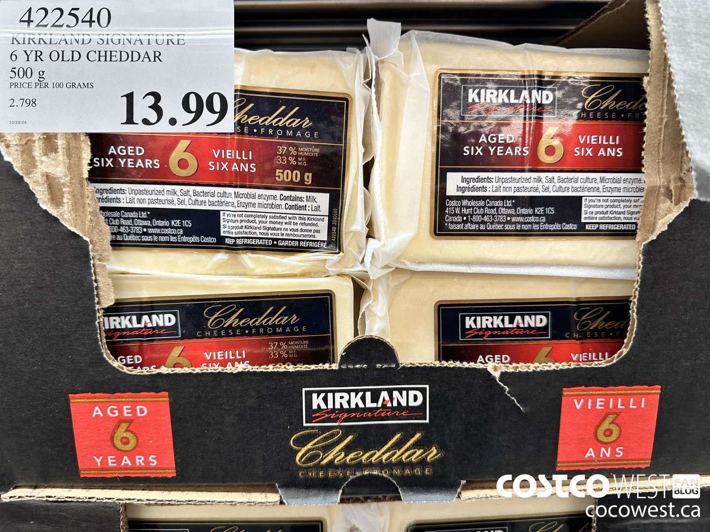 422540 KIRKLAND SIGNATURE 6 YR OLD CHEDDAR 500 g $13.99