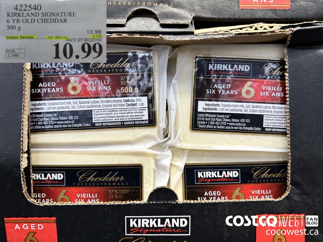 422540 KIRKLAND SIGNATURE 6 YR OLD CHEDDAR 500 g ($3.00 INSTANT SAVINGS EXPIRES ON 2024-11-24) $10.99