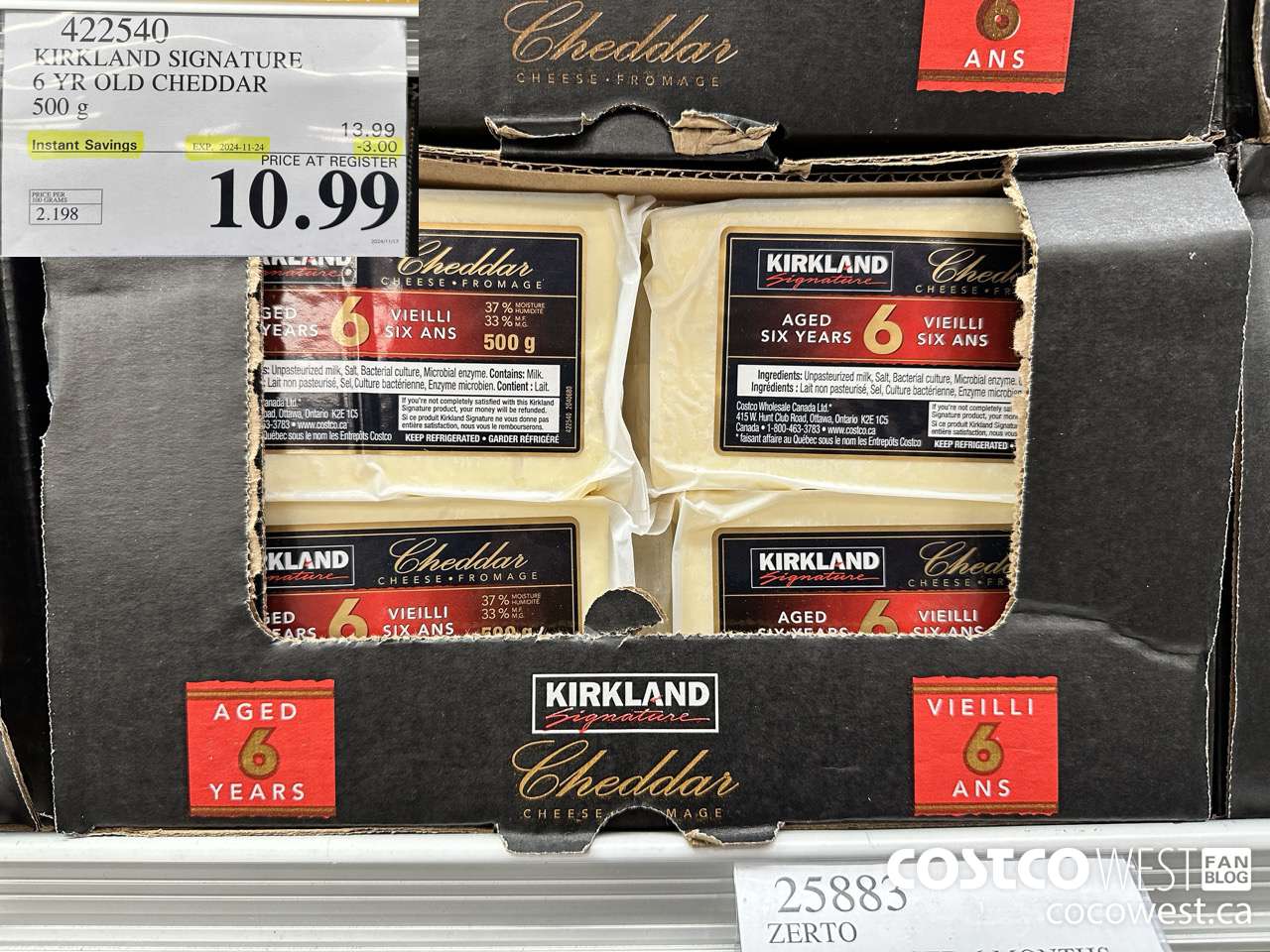 422540 KIRKLAND SIGNATURE 6 YR OLD CHEDDAR 500 g ($3.00 INSTANT SAVINGS EXPIRES ON 2024-11-24) $10.99