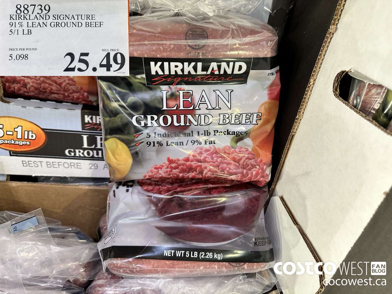 88739 KIRKLAND SIGNATURE 91% LEAN GROUND BEEF 5/1 LB  $25.49