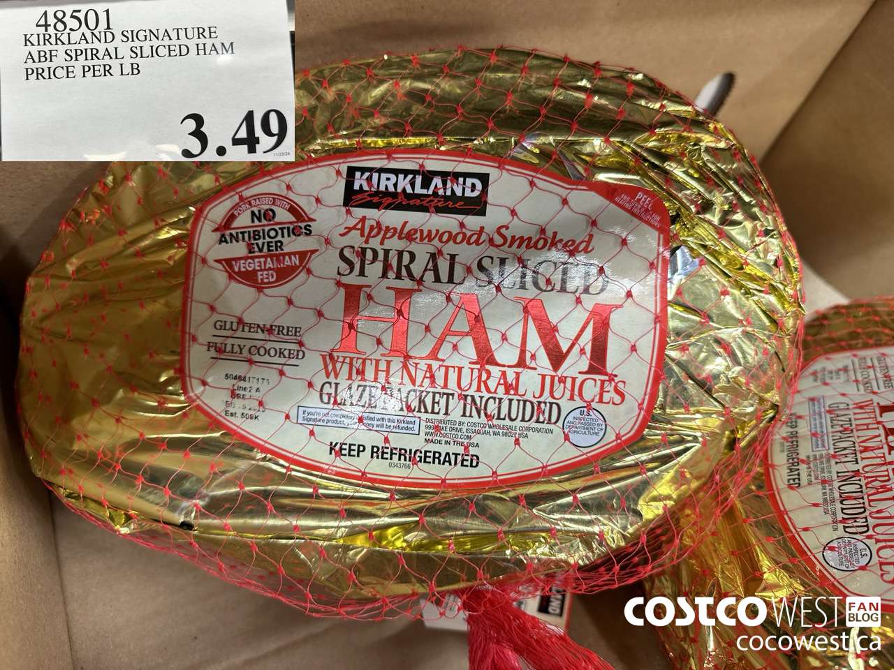 48501 KIRKLAND SIGNATURE ABF SPIRAL SLICED HAM PRICE PER LB $3.49