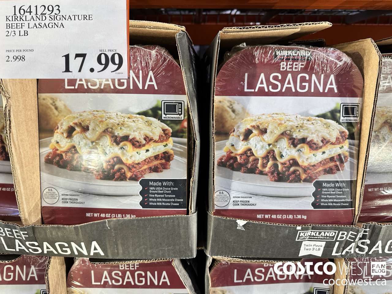 1641293 KIRKLAND SIGNATURE BEEF LASAGNA 2/3 LB $17.99