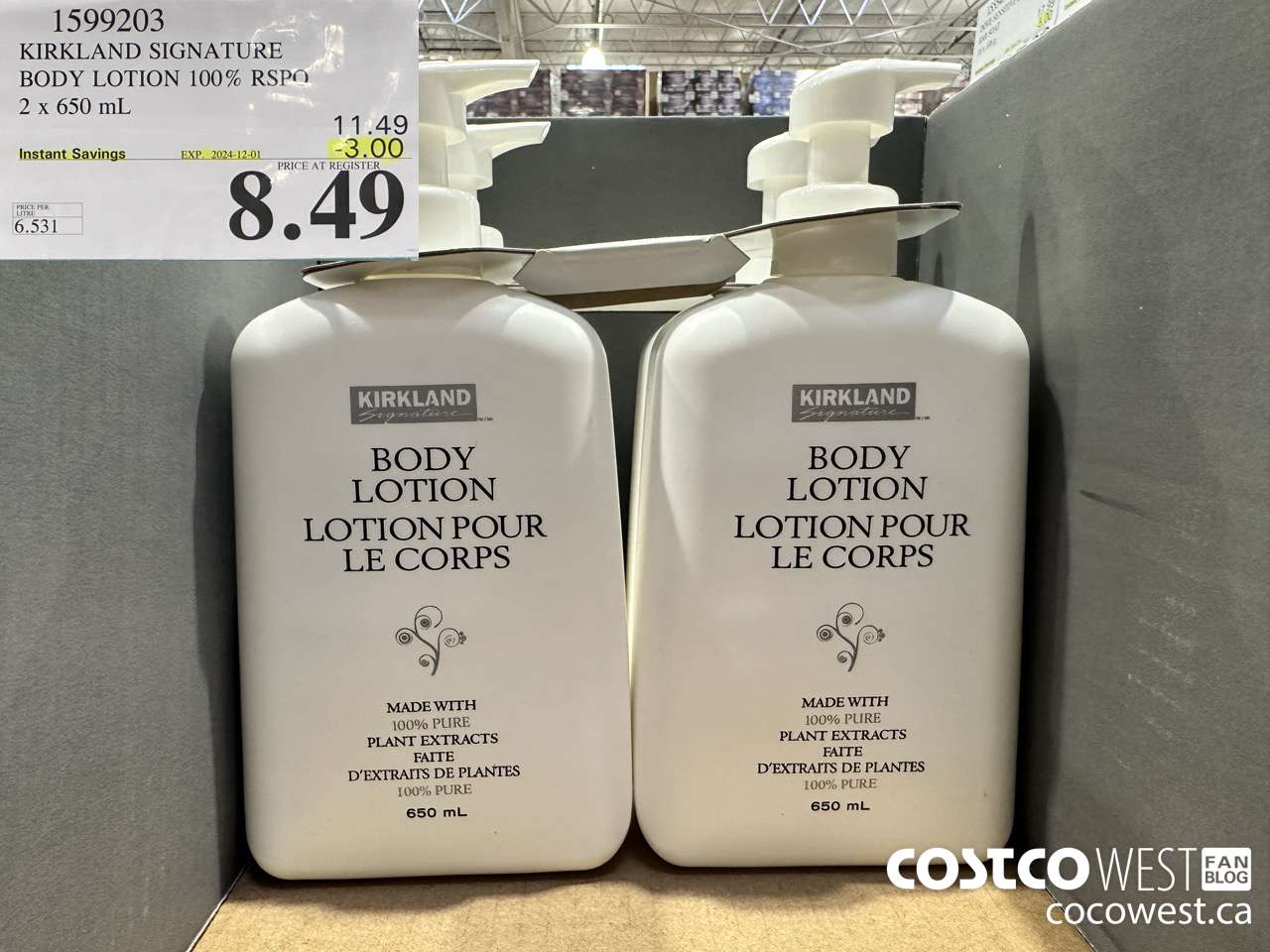 1599203 KIRKLAND SIGNATURE BODY LOTION 100% RSPO 2 X 650 ML ($3.00 INSTANT SAVINGS EXPIRES ON 2024-12-01) $8.49