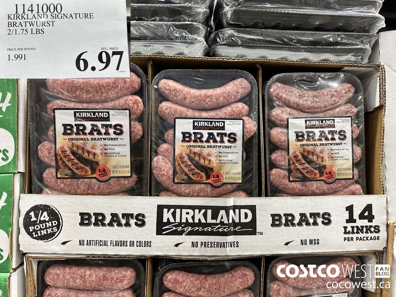 1141000 KIRKLAND SIGNATURE BRATWURST 2/1.75 LBS  $6.97