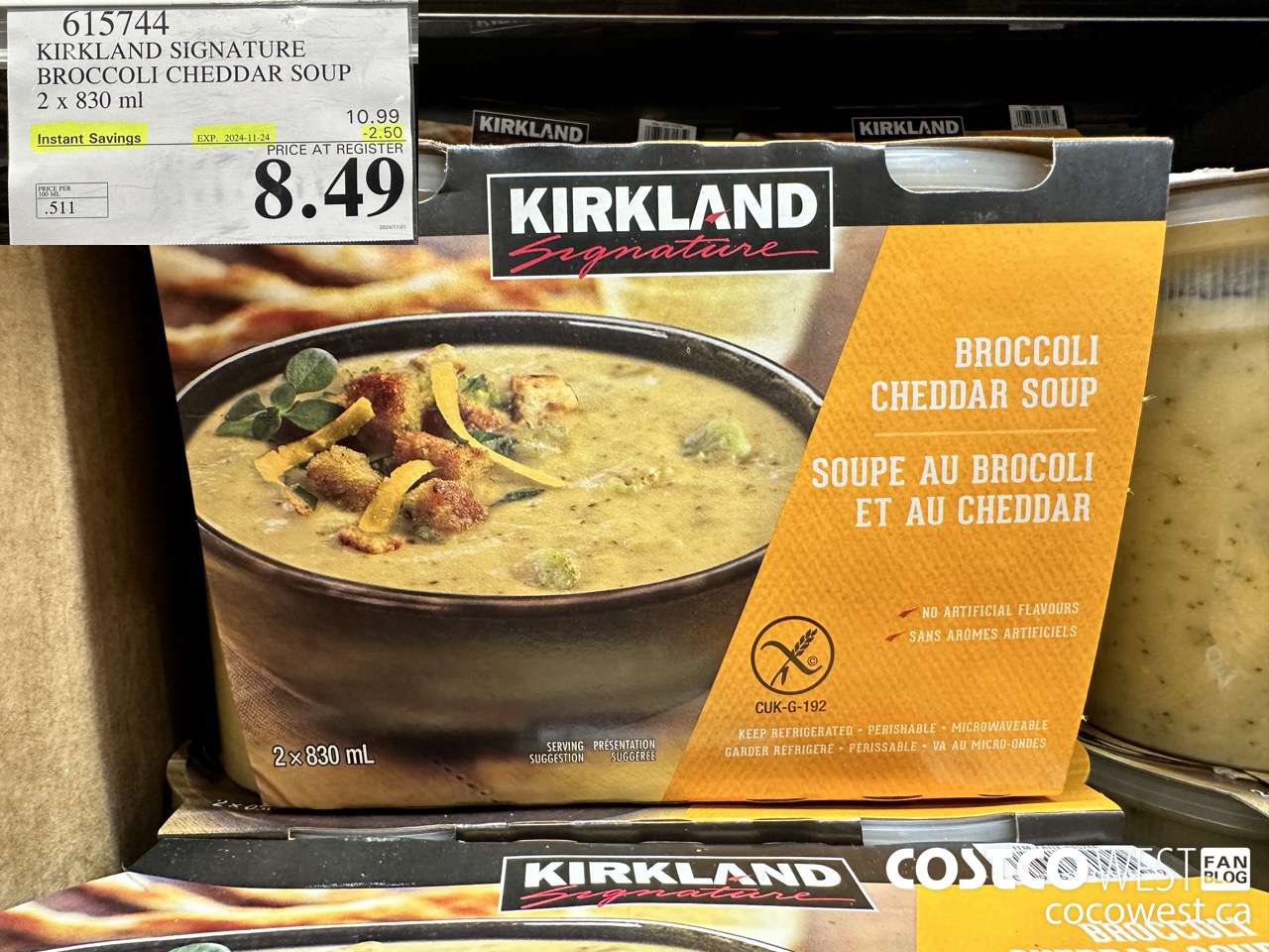 615744 KIRKLAND SIGNATURE BROCCOLI CHEDDAR SOUP 2 X 830ML ($2.50 INSTANT SAVINGS EXPIRES ON 2024-11-24) $8.49