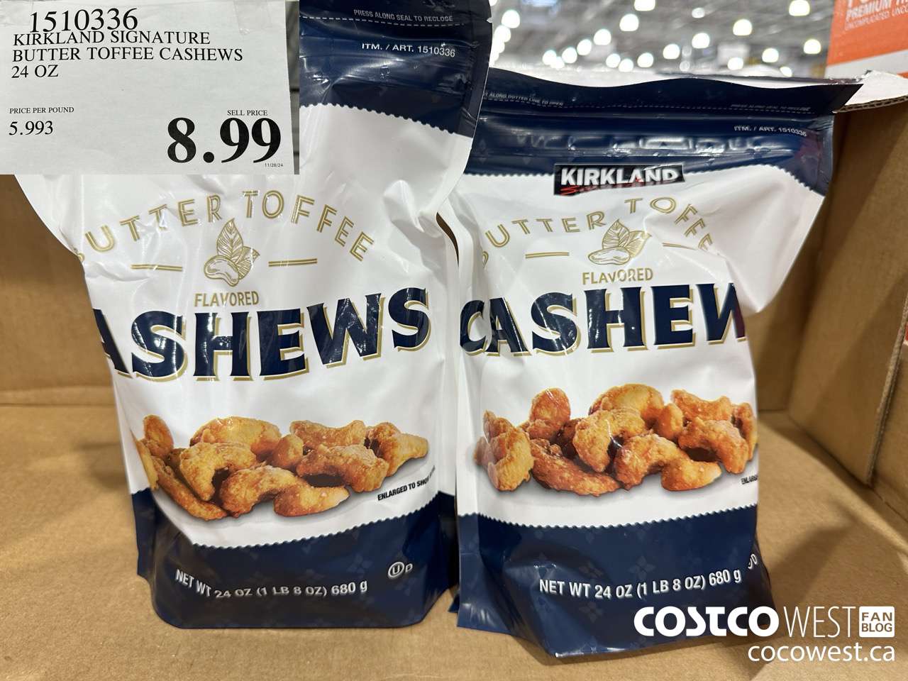 1510336 KIRKLAND SIGNATURE BUTTER TOFFEE CASHEWS 24 OZ $8.99