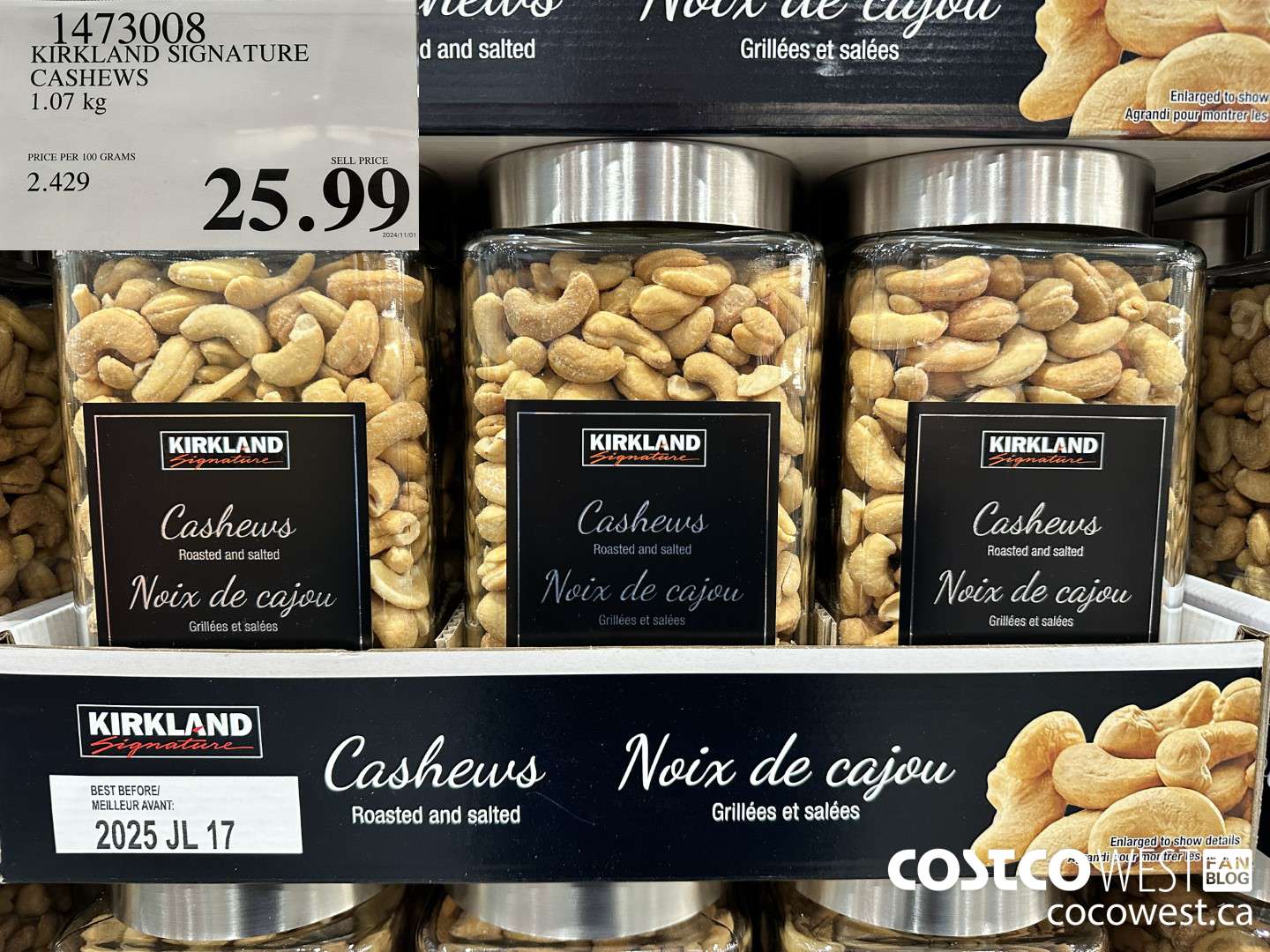 1473008 KIRKLAND SIGNATURE CASHEWS 1.07 KG $25.99