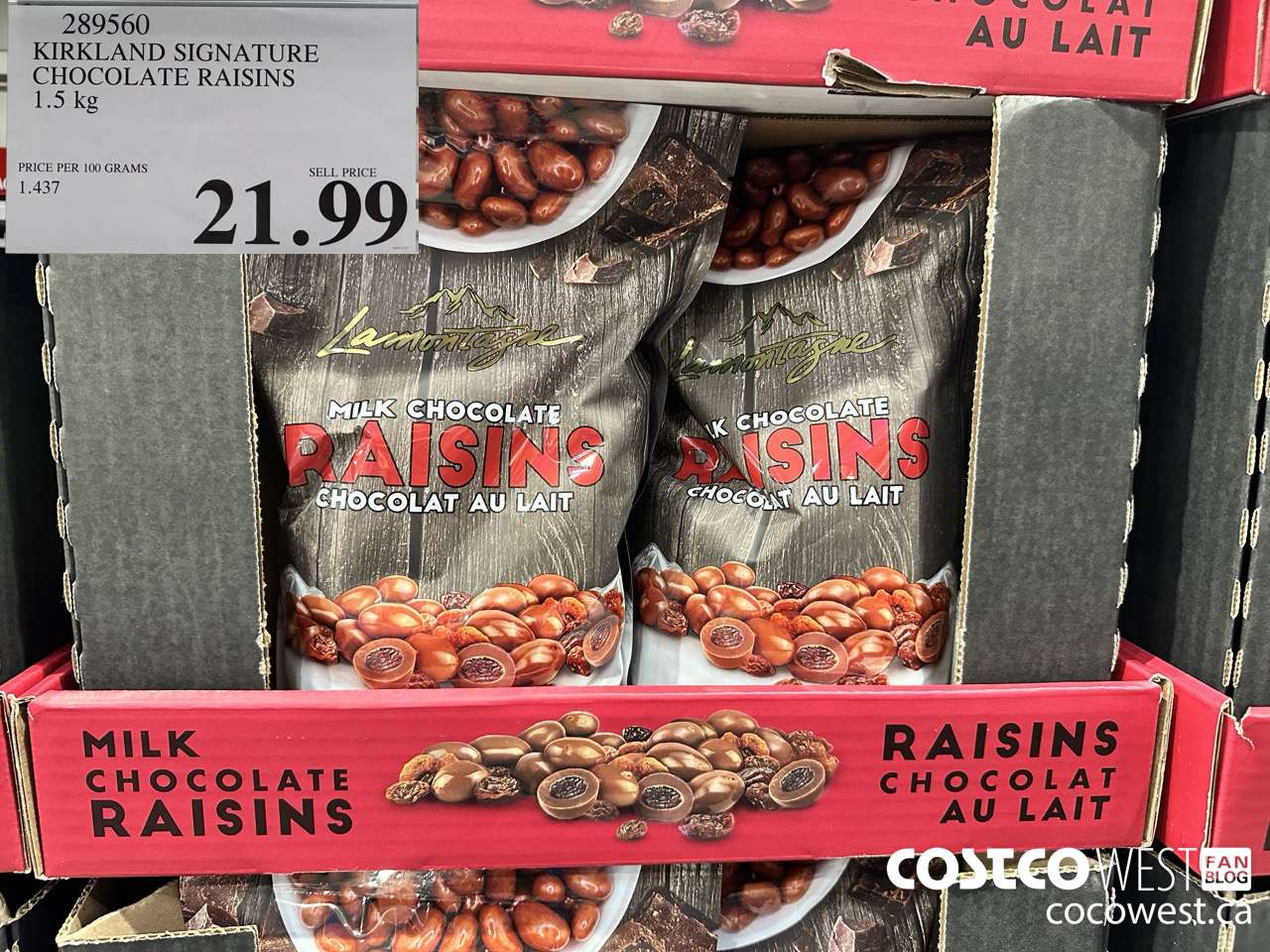 289560 KIRKLAND SIGNATURE CHOCOLATE RAISINS 1.5 KG $21.99