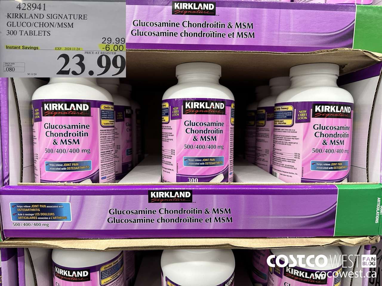 428941 KIRKLAND SIGNATURE GLUCO/CHON/MSM 300 TABLETS ($6.00 INSTANT SAVINGS EXPIRES ON 2024-11-24) $23.99