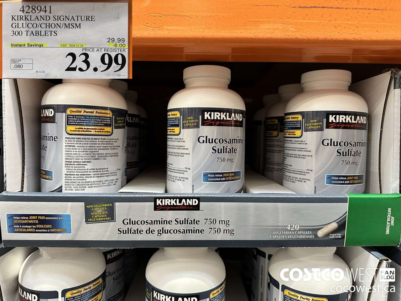 428941 KIRKLAND SIGNATURE GLUCO/CHON/MSM 300 TABLETS ($6.00 INSTANT SAVINGS EXPIRES ON 2024-11-24) $23.99