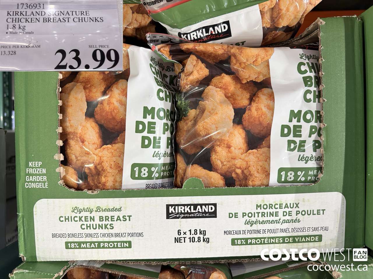 1736931 KIRKLAND SIGNATURE LIGHTLY BREADED CHICKEN CHUNKS 1.8KG $23.99