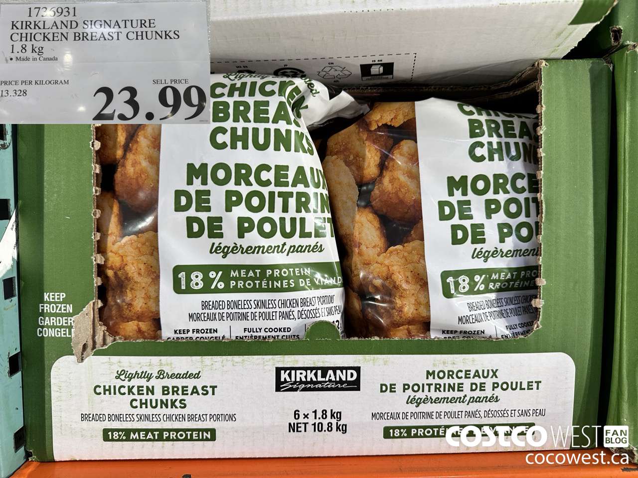 1736931 KIRKLAND SIGNATURE LIGHTLY BREADED CHICKEN CHUNKS 1.8KG $23.99