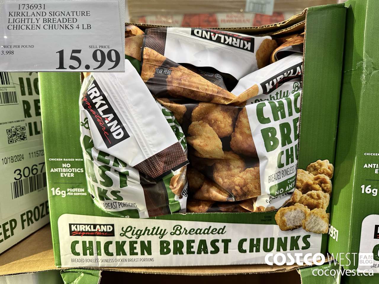 1736931 KIRKLAND SIGNATURE LIGHTLY BREADED CHICKEN CHUNKS 4LB $15.99