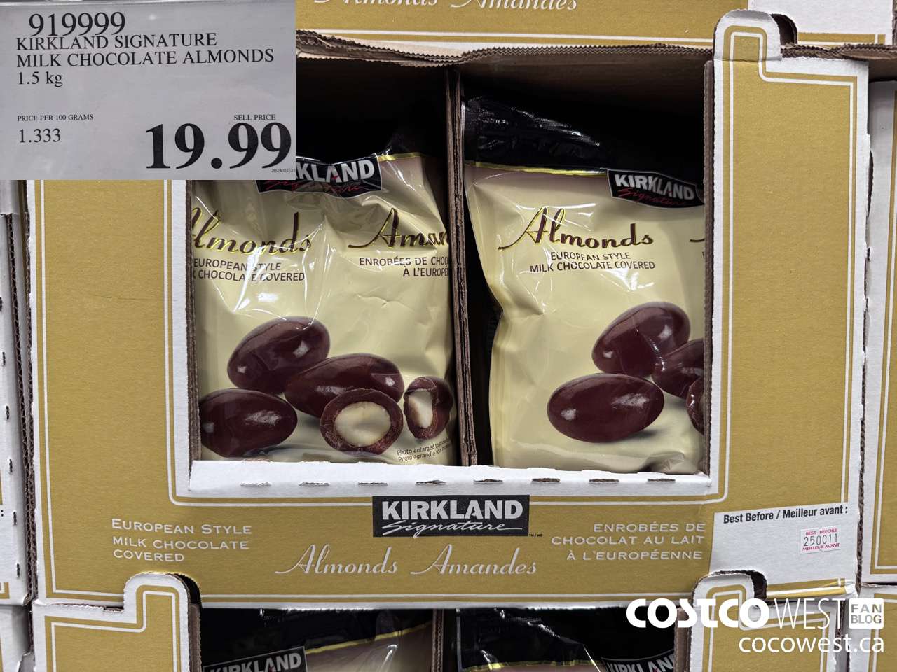 919999 KIRKLAND SIGNATURE MILK CHOCOLATE ALMONDS 1.5KG $19.99
