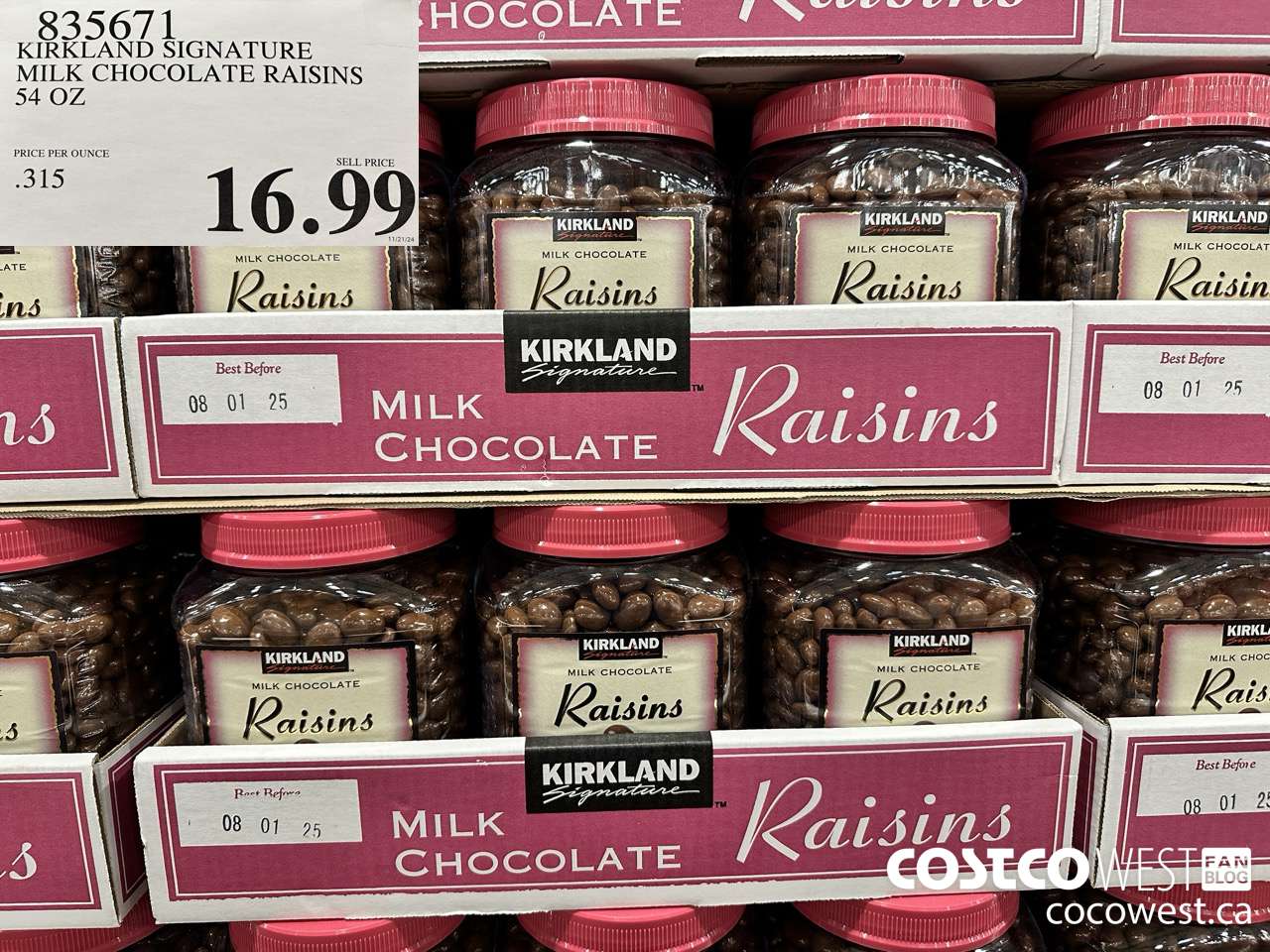 835671 KIRKLAND SIGNATURE MILK CHOCOLATE RAISINS 54 OZ $16.99