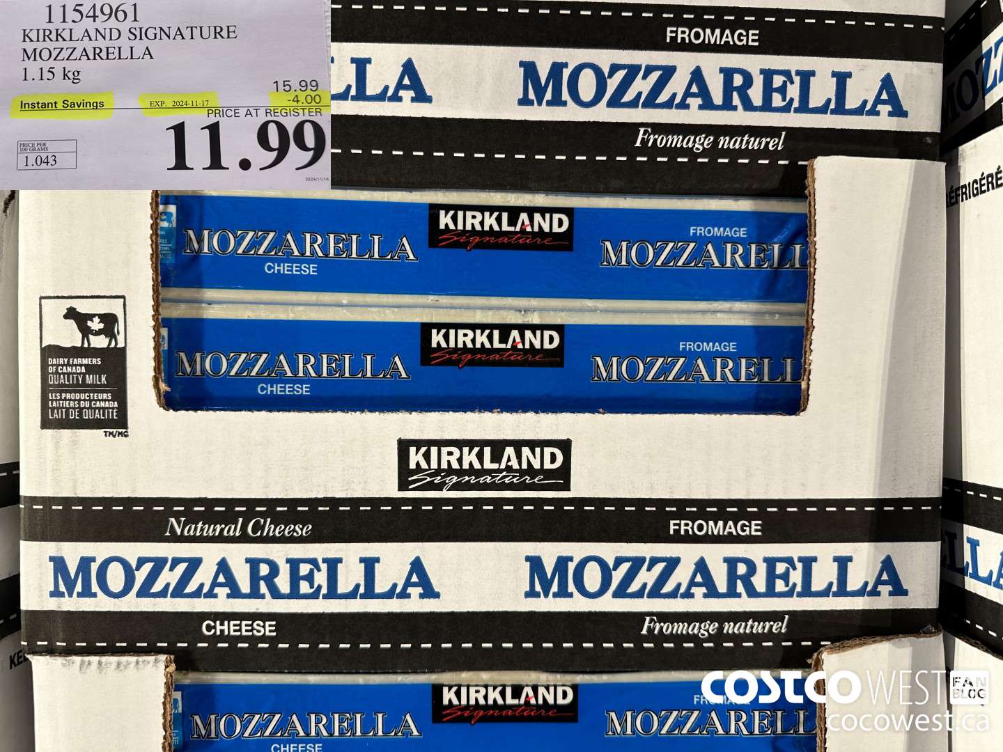 1154961 KIRKLAND SIGNATURE MOZZARELLA 1.15 KG ($4.00 INSTANT SAVINGS EXPIRES ON 2024-11-17) $11.99