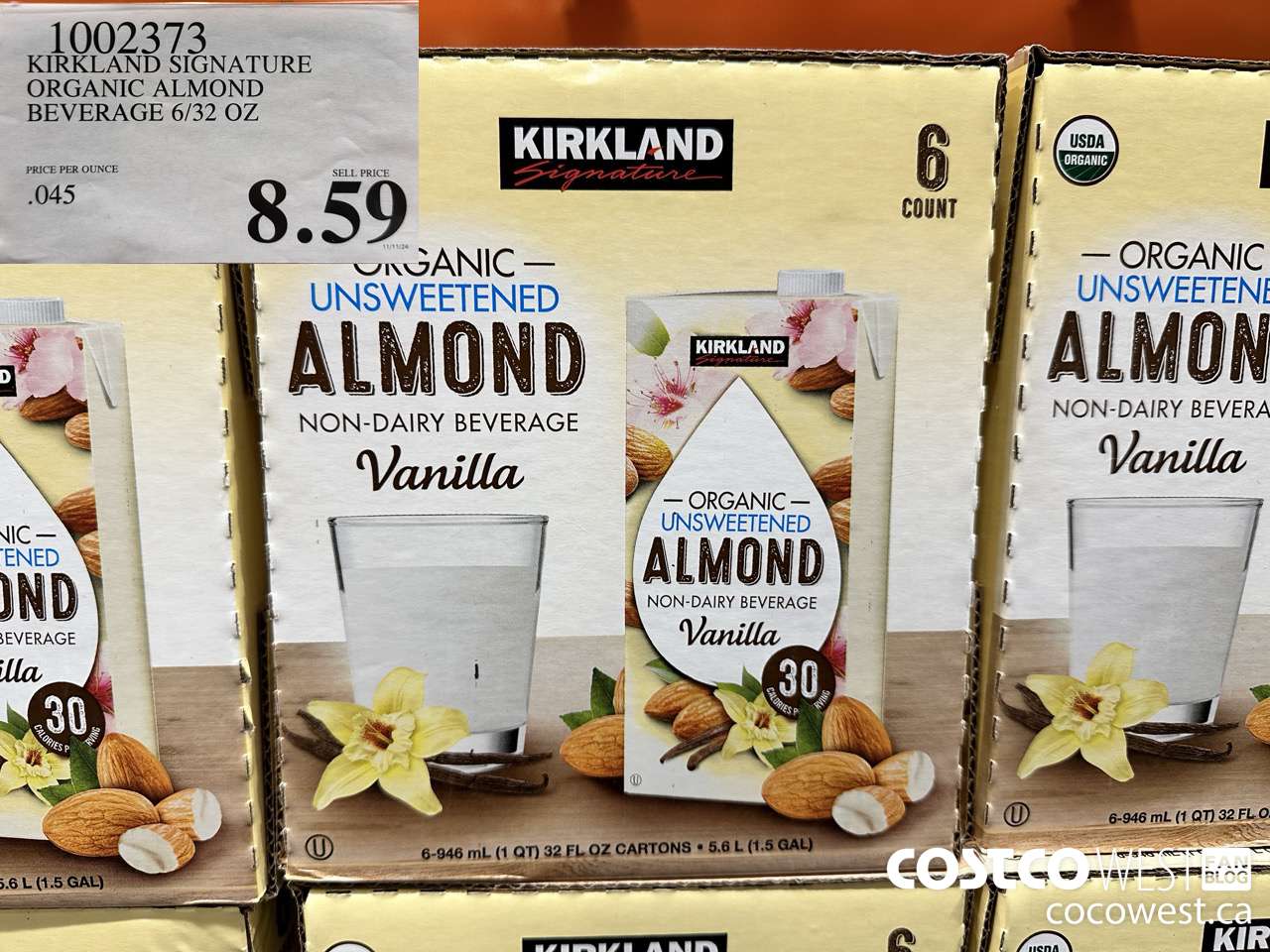 1002373 KIRKLAND SIGNATURE ORGANIC ALMOND BEVERAGE 6/32 OZ $8.59