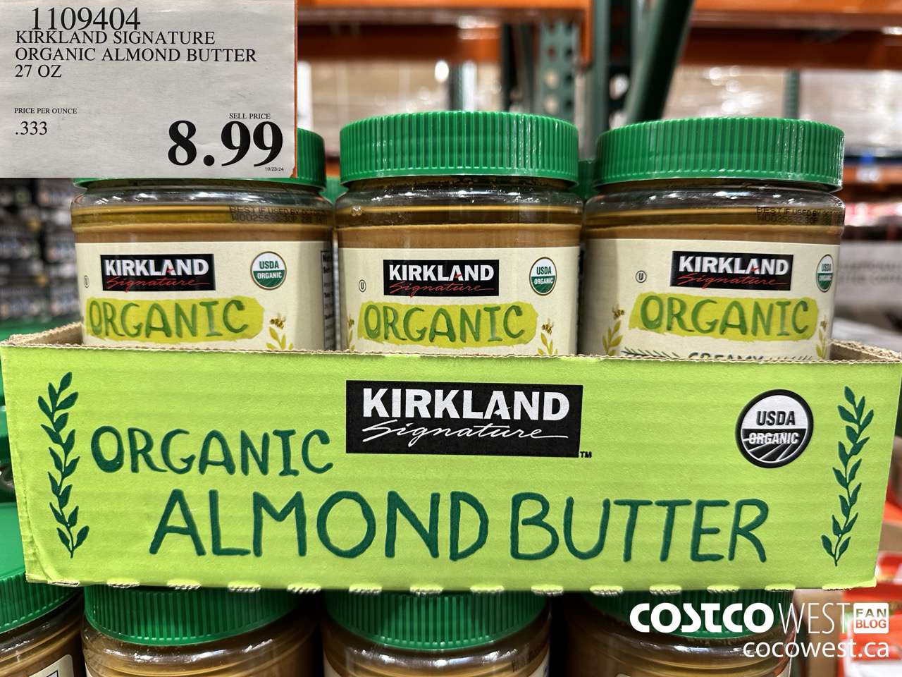 1109404 KIRKLAND SIGNATURE ORGANIC ALMOND BUTTER 27 OZ $8.99