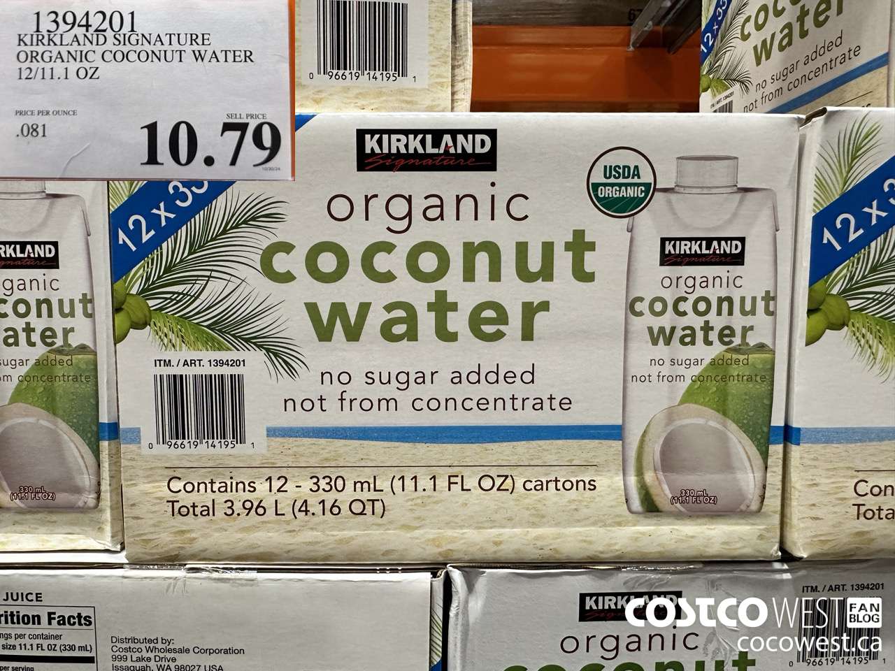 1394201 KIRKLAND SIGNATURE ORGANIC COCONUT WATER 12/11.1 OZ $10.79