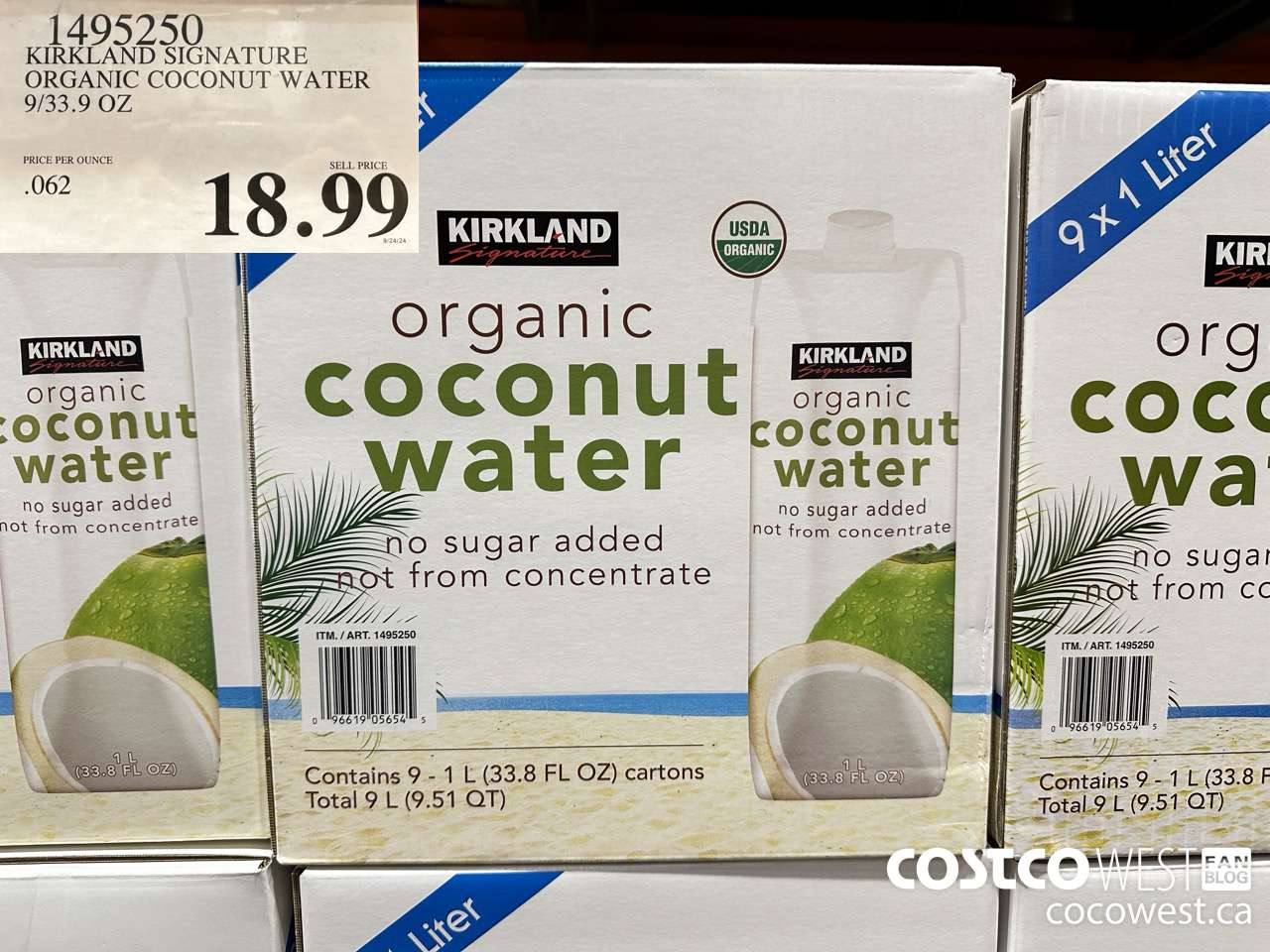 1495250 KIRKLAND SIGNATURE ORGANIC COCONUT WATER 9/33.9 OZ $18.99