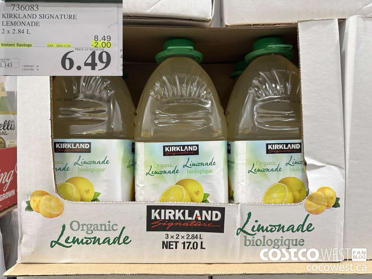 736083 KIRKLAND SIGNATURE ORGANIC LEMONADE 2 X 2.84 L ($2.00 INSTANT SAVINGS EXPIRES ON 2024-11-24) $6.49