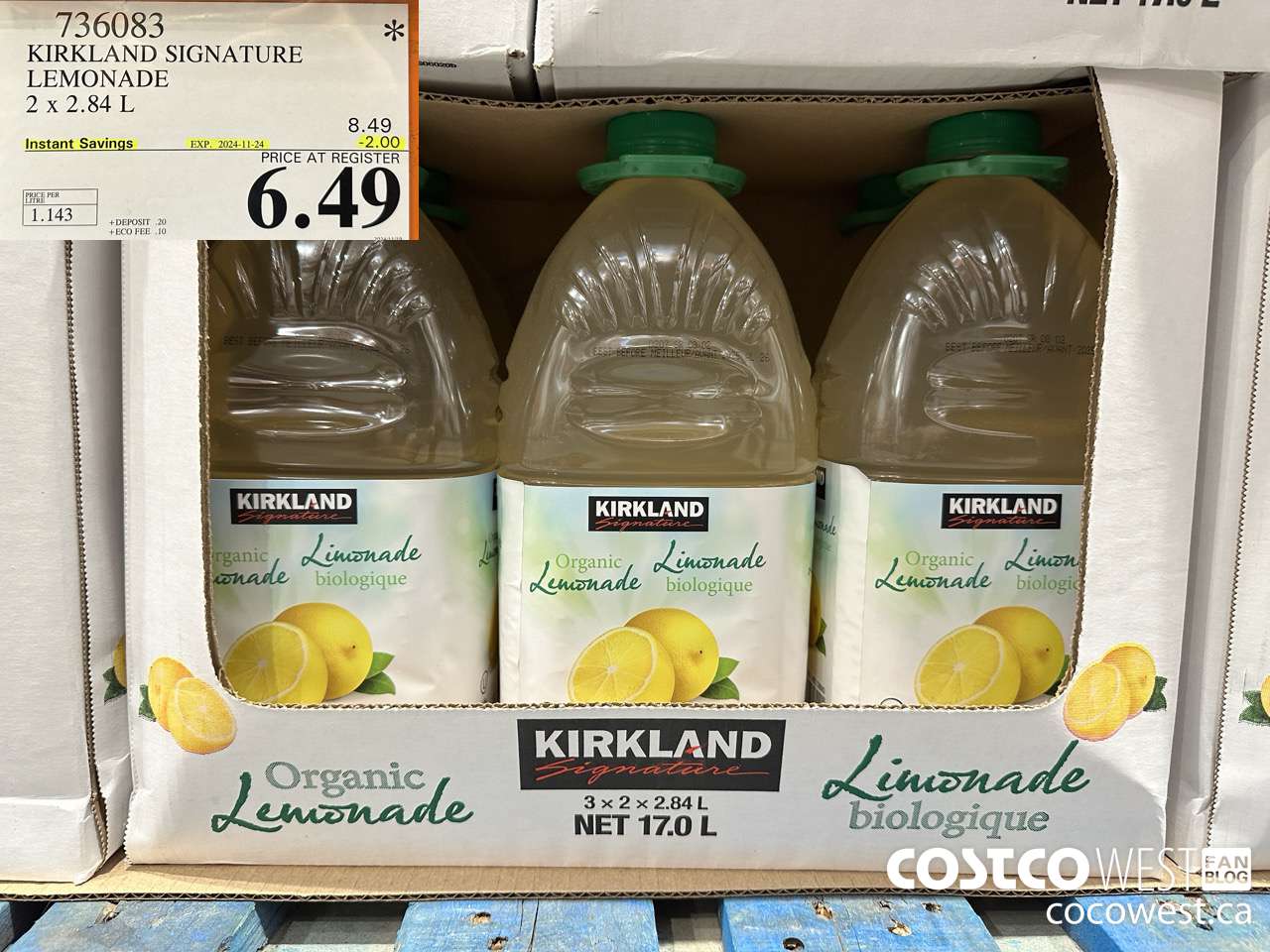 736083 KIRKLAND SIGNATURE ORGANIC LEMONADE 2 X 2.84 L ($2.00 INSTANT SAVINGS EXPIRES ON 2024-11-24) $6.49
