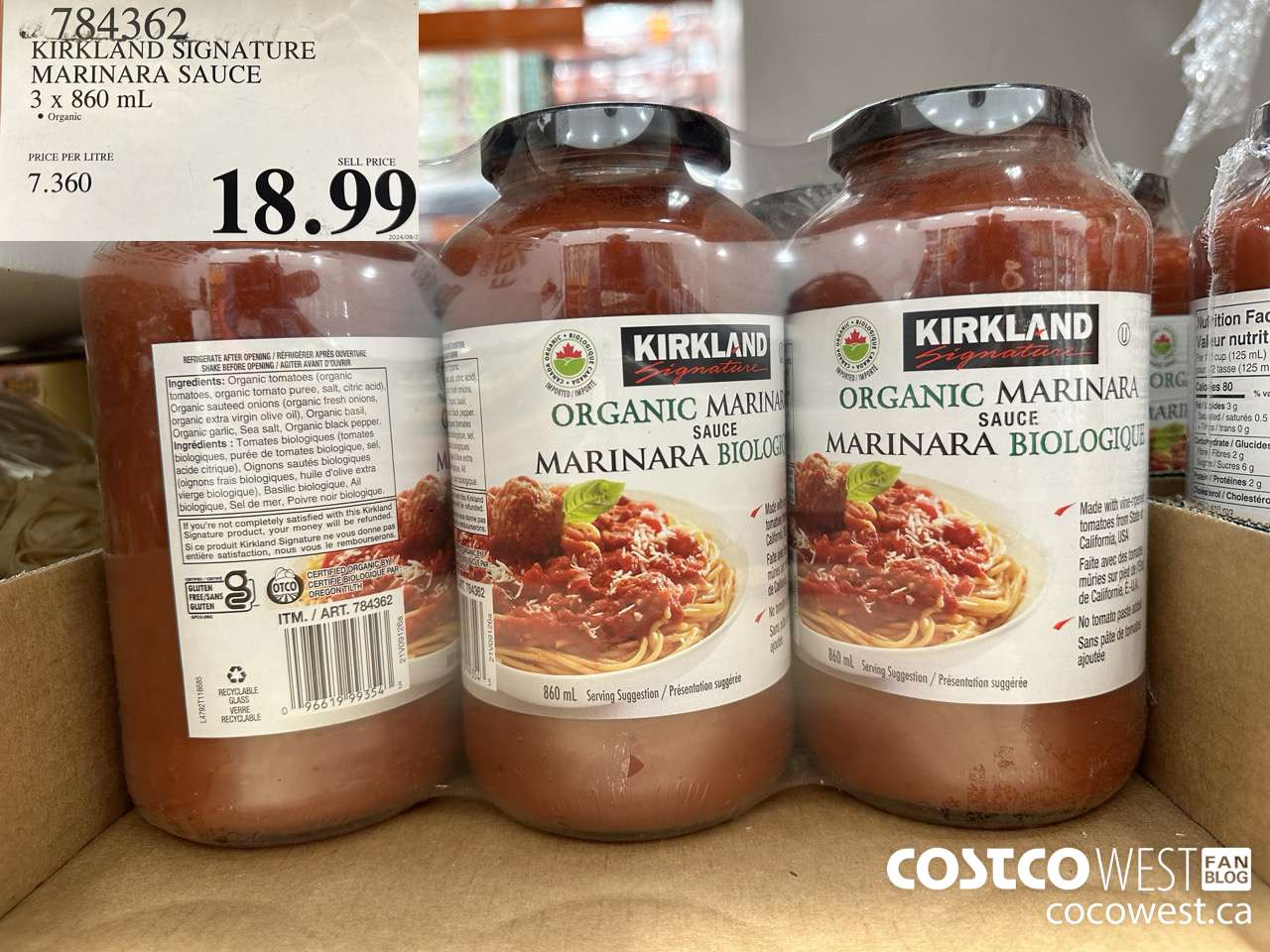 784362 KIRKLAND SIGNATURE ORGANIC MARINARA SAUCE 3 X 860 ML $18.99