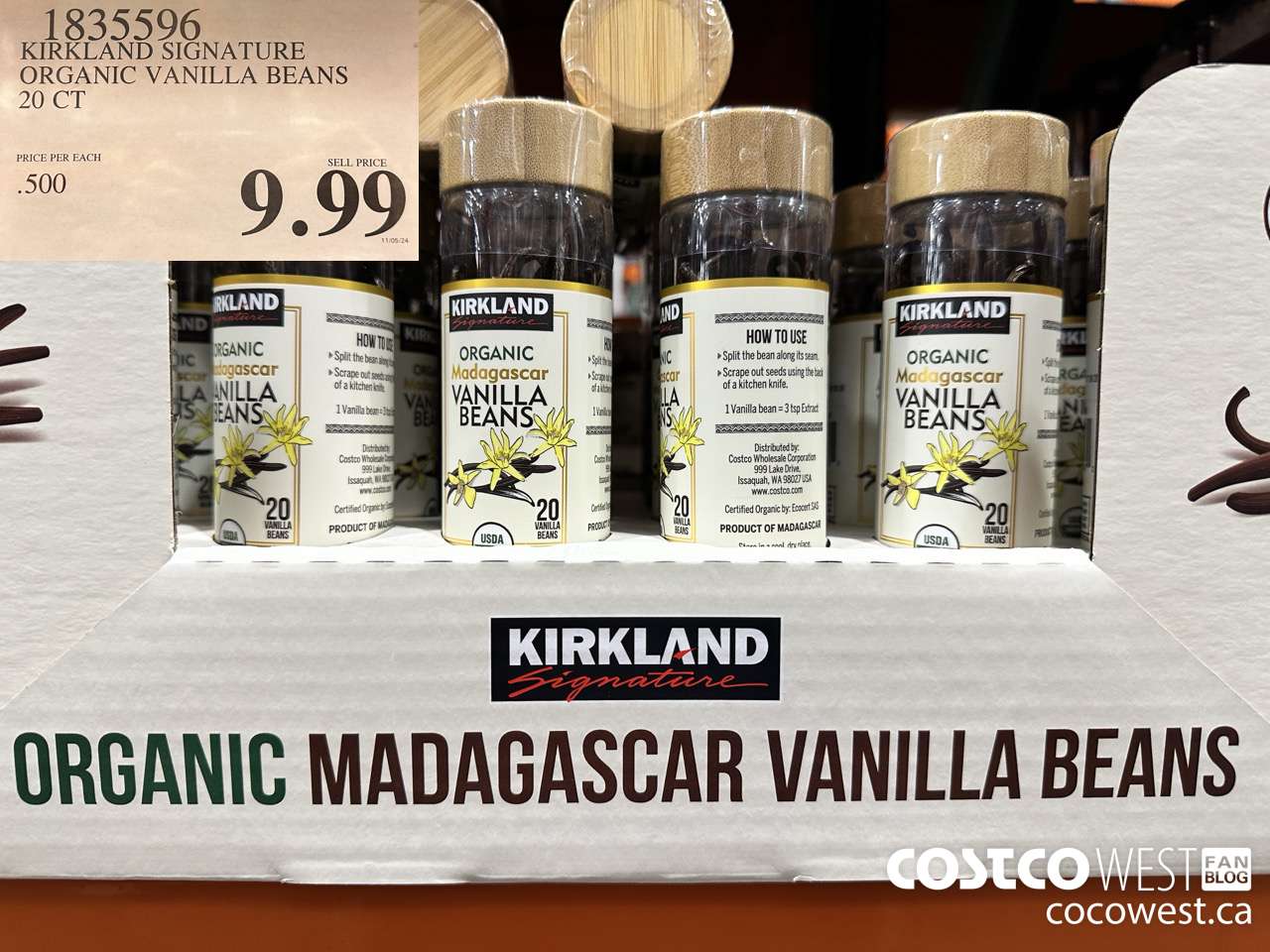 1835596 KIRKLAND SIGNATURE ORGANIC VANILLA BEANS 20 CT $9.99