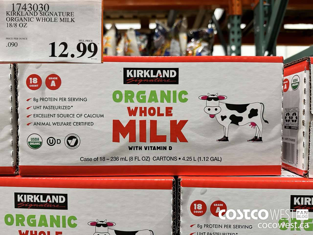 1743030 KIRKLAND SIGNATURE ORGANIC WHOLE MILK 18/8 OZ $12.99
