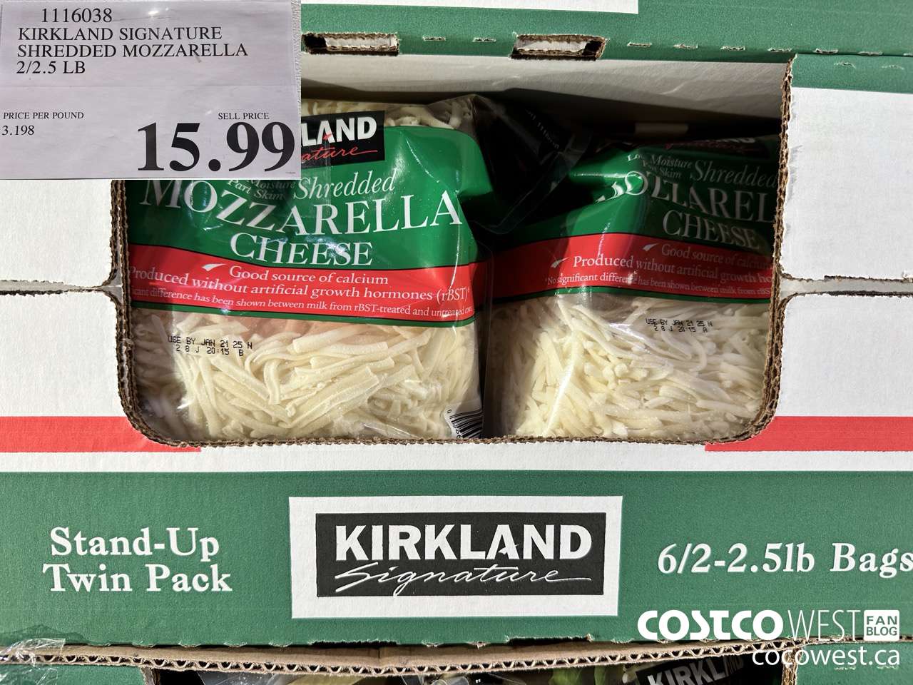 1116038 KIRKLAND SIGNATURE SHREDDED MOZZARELLA 2/2.5 LB $15.99