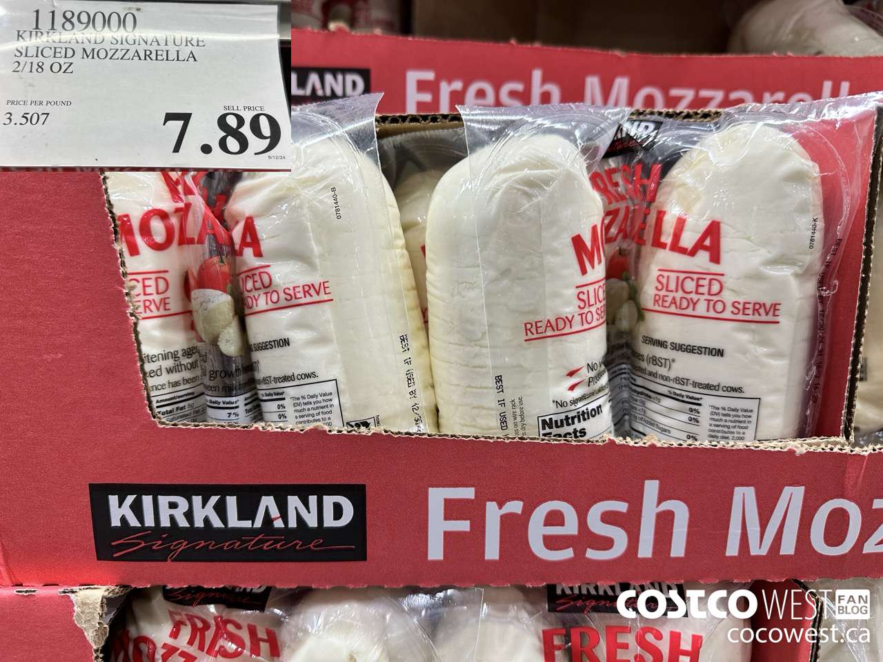 1189000 KIRKLAND SIGNATURE SLICED MOZZARELLA 2/18 OZ $7.89