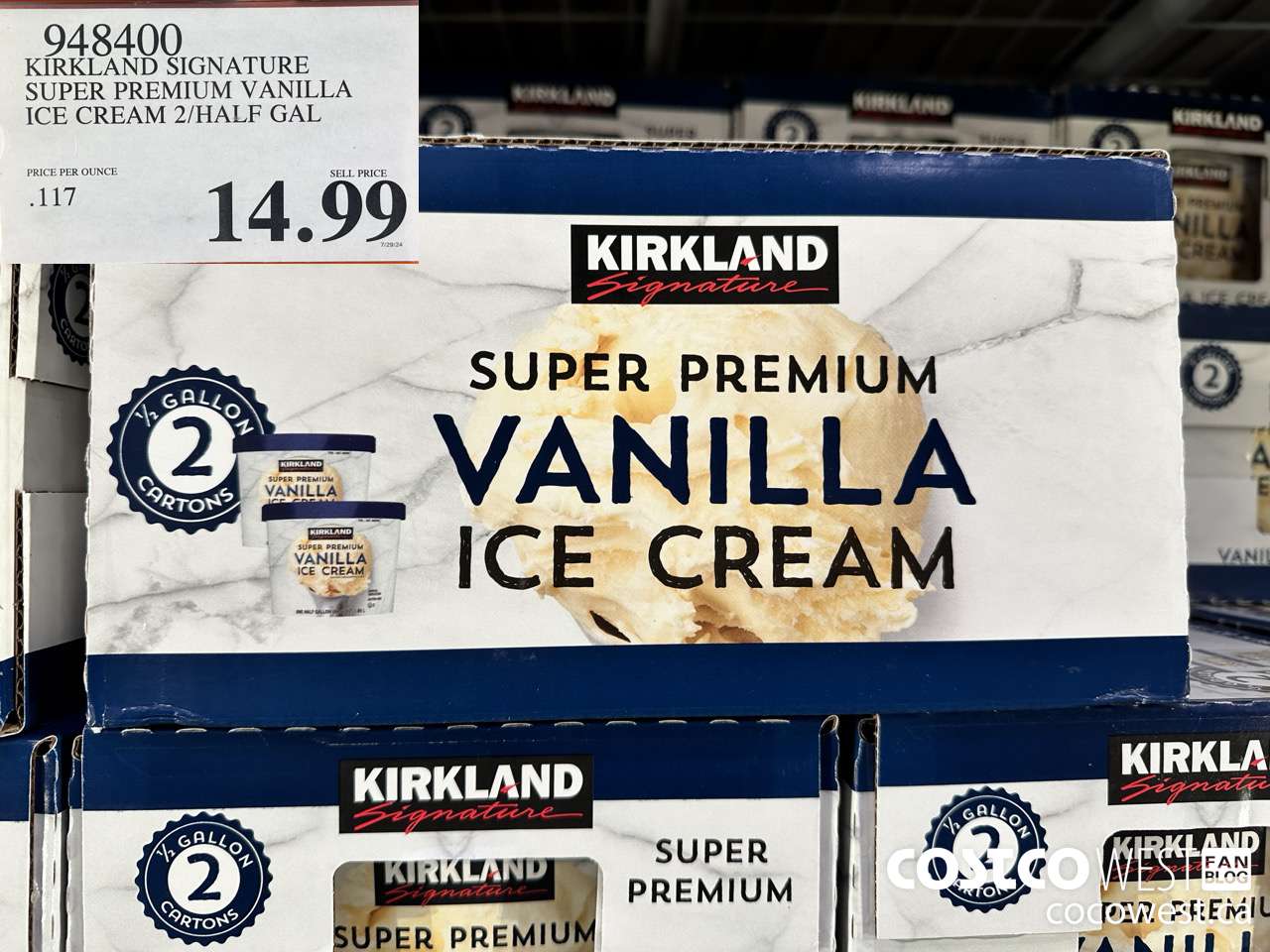 948400 KIRKLAND SIGNATURE SUPER PREMIUM VANILLA ICE CREAM 2/HALF GAL $14.99