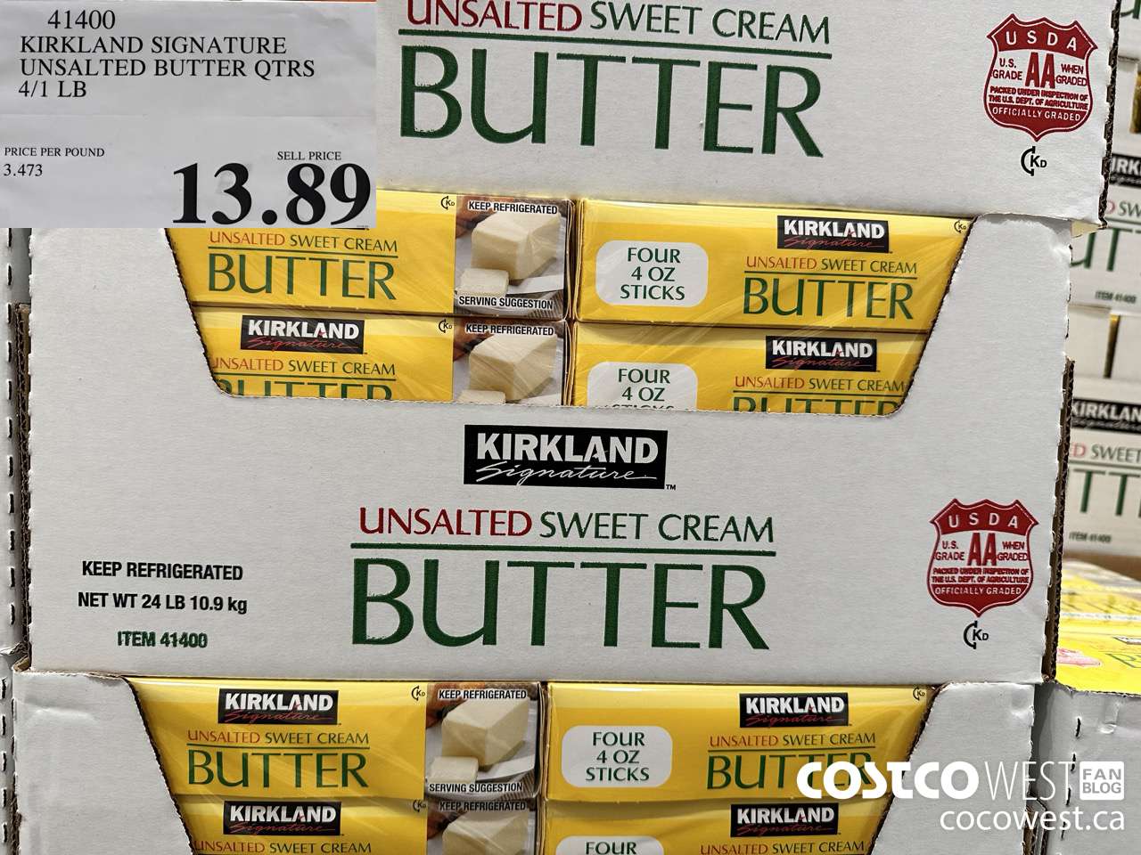 41400 KIRKLAND SIGNATURE UNSALTED BUTTER QTRS 4/1 LB $13.89