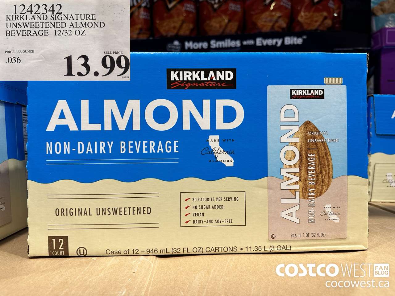 1242342 KIRKLAND SIGNATURE UNSWEETENED ALMOND BEVERAGE 12/32 OZ $13.99