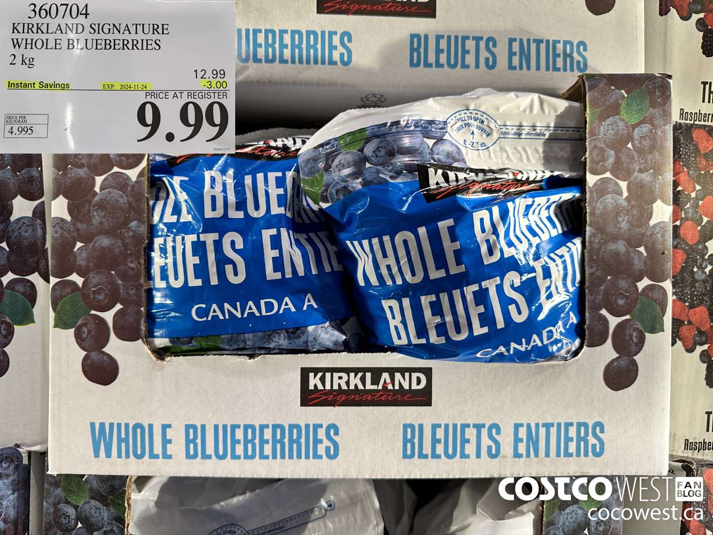 360704 KIRKLAND SIGNATURE WHOLE BLUEBERRIES 2 kg ($3.00 INSTANT SAVINGS EXPIRES ON 2024-11-24) $9.99