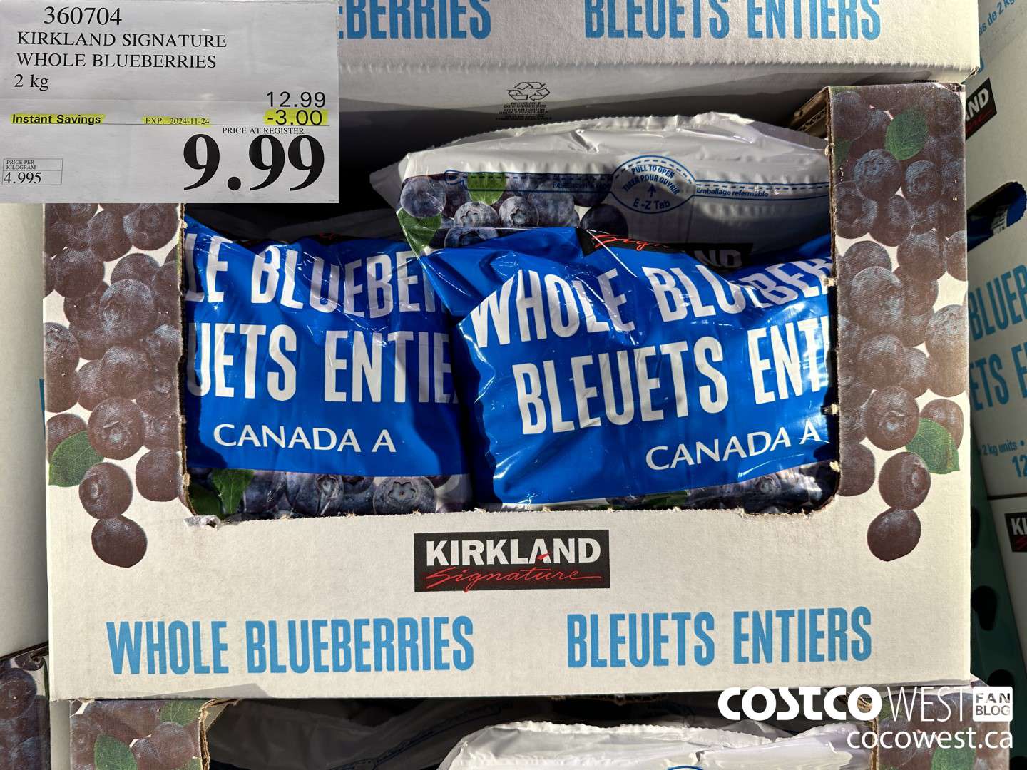 360704 KIRKLAND SIGNATURE WHOLE BLUEBERRIES 2 kg ($3.00 INSTANT SAVINGS EXPIRES ON 2024-11-24) $9.99