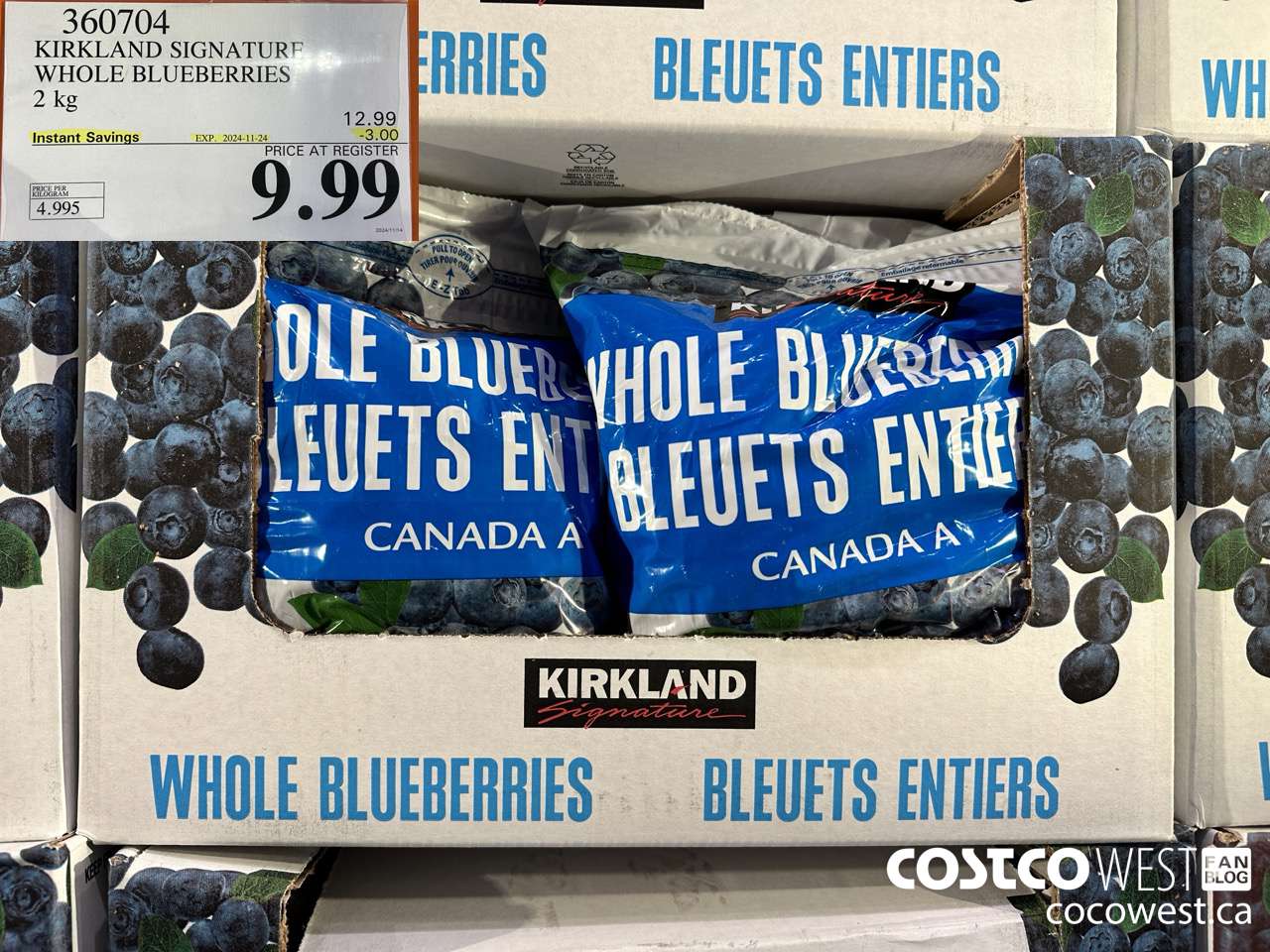 360704 KIRKLAND SIGNATURE WHOLE BLUEBERRIES 2 kg ($3.00 INSTANT SAVINGS EXPIRES ON 2024-11-24) $9.99