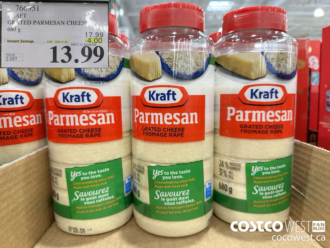 766951 KRAFT PARMESAN CHEESE 680 g ($4.00 INSTANT SAVINGS EXPIRES ON 2024-11-10) $13.99