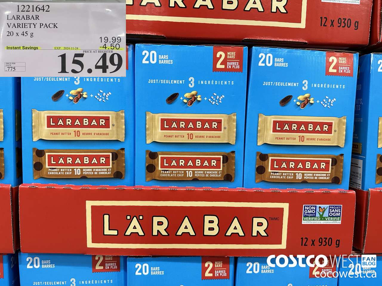 1221642 LARABAR VARIETY PACK 20 x 45 g ($4.50 INSTANT SAVINGS EXPIRES ON 2024-11-24) $15.49