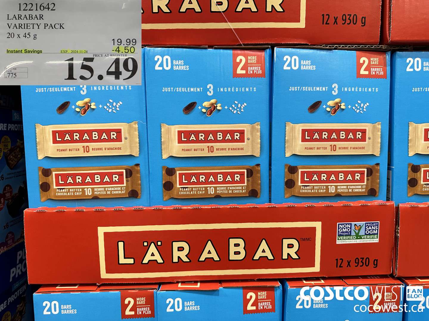 1221642 LARABAR VARIETY PACK 20 x 45 g ($4.50 INSTANT SAVINGS EXPIRES ON 2024-11-24) $15.49