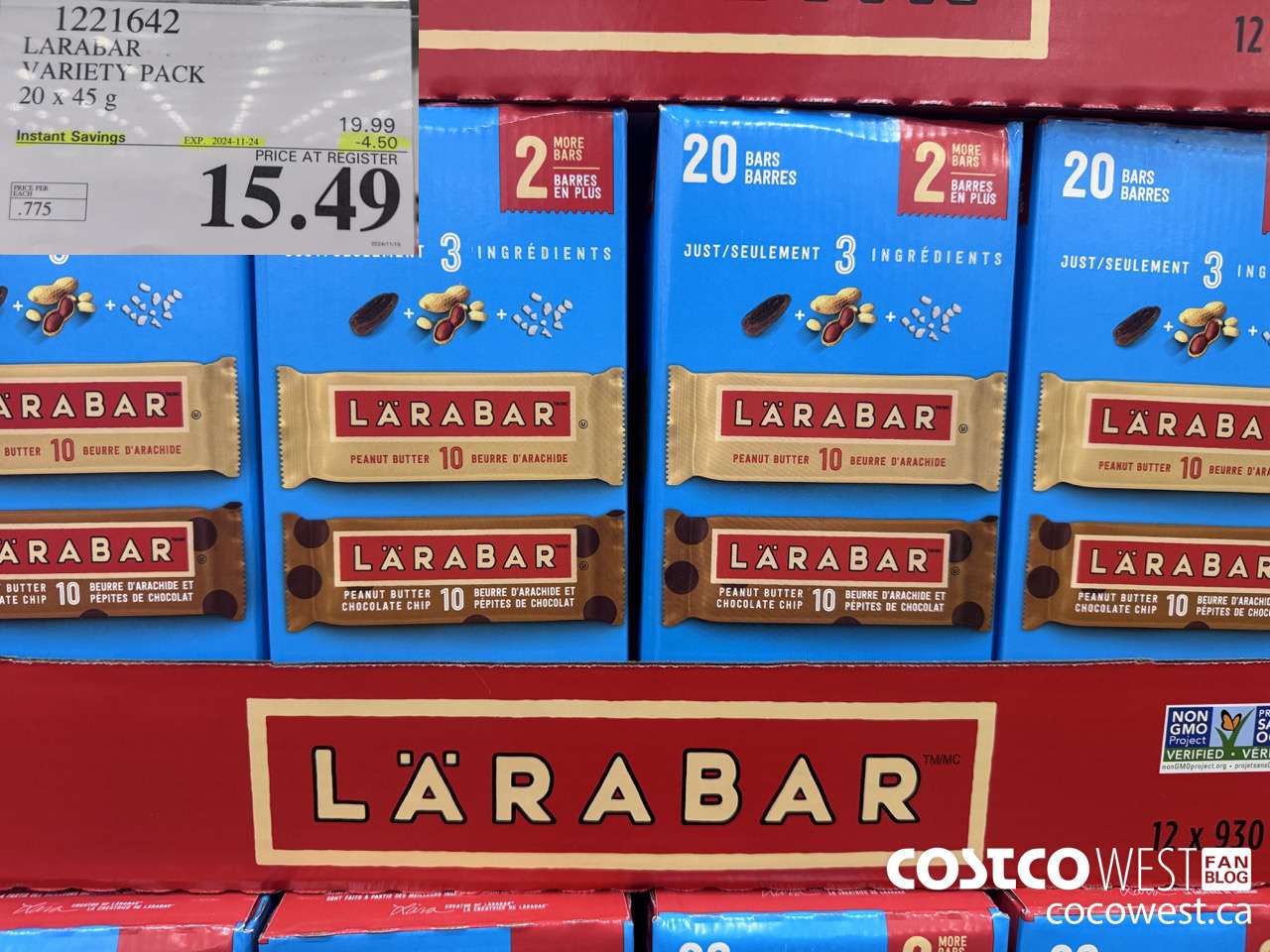 1221642 LARABAR VARIETY PACK 20 x 45 g ($4.50 INSTANT SAVINGS EXPIRES ON 2024-11-24) $15.49
