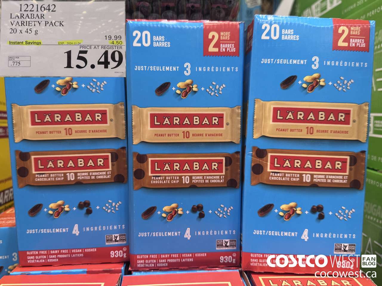 1221642 LARABAR VARIETY PACK 20 x 45 g ($4.50 INSTANT SAVINGS EXPIRES ON 2024-11-24) $15.49