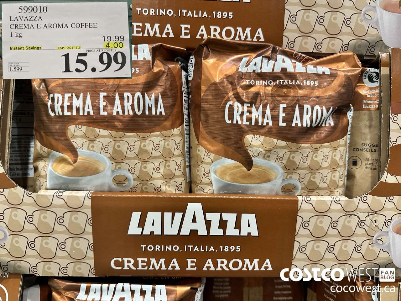 599010 LAVAZZA CREMA & AROMA COFFEE 1KG ($4.00 INSTANT SAVINGS EXPIRES ON 2024-11-24) $15.99