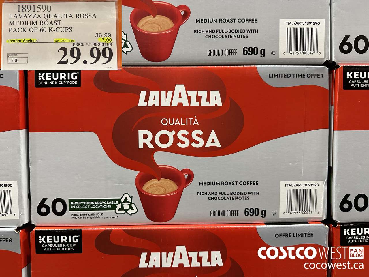 1891590 LAVAZZA QUALITA ROSSA MEDIUM ROAST PACK OF 60 K-CUPS ($7.00 INSTANT SAVINGS EXPIRES ON 2024-11-10) $29.99