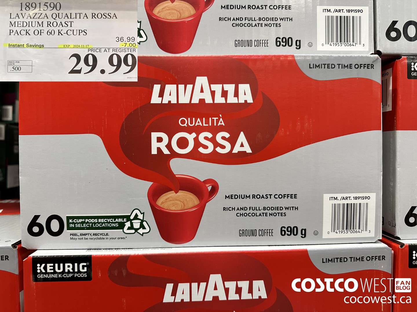1891590 LAVAZZA QUALITA ROSSA MEDIUM ROAST PACK OF 60 K-CUPS ($7.00 INSTANT SAVINGS EXPIRES ON 2024-11-17) $29.99