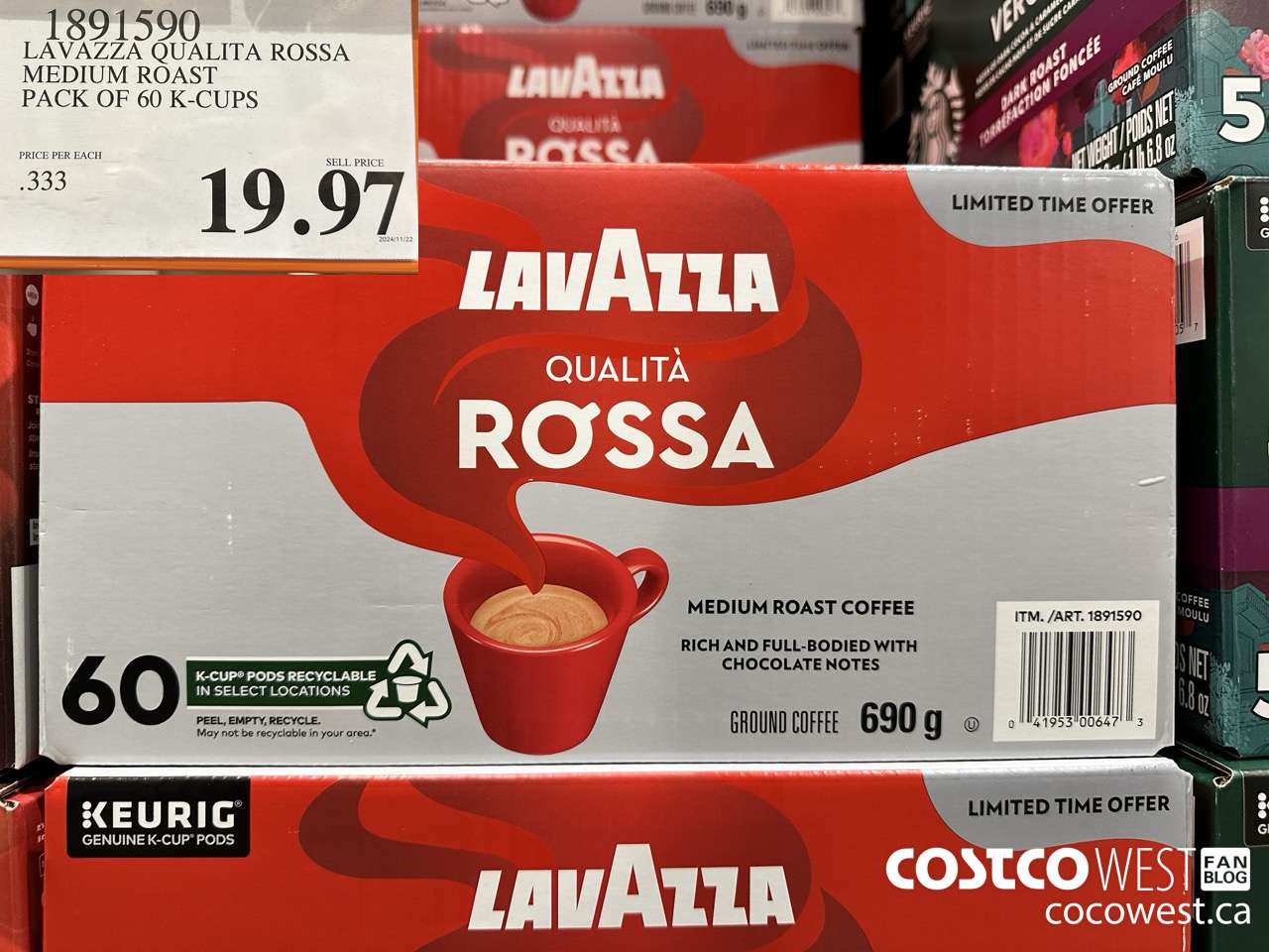 1891590 LAVAZZA QUALITA ROSSA MEDIUM ROAST PACK OF 60 K-CUPS $19.97