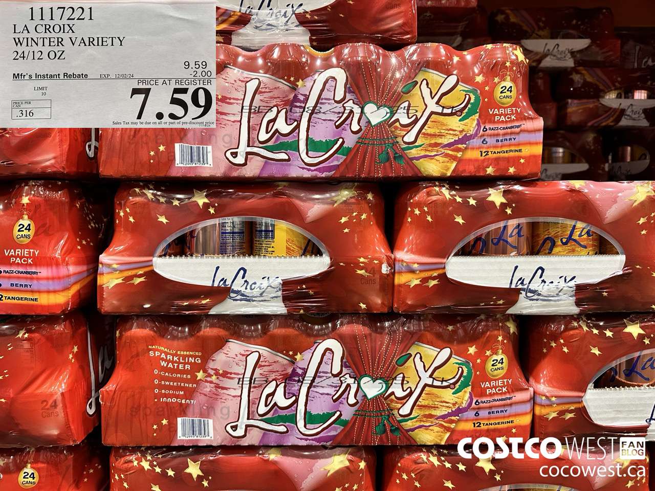 1117221 LA CROIX WINTER VARIETY 24/12 OZ ($2.00 INSTANT SAVINGS EXPIRES ON 2024-12-02) $7.59