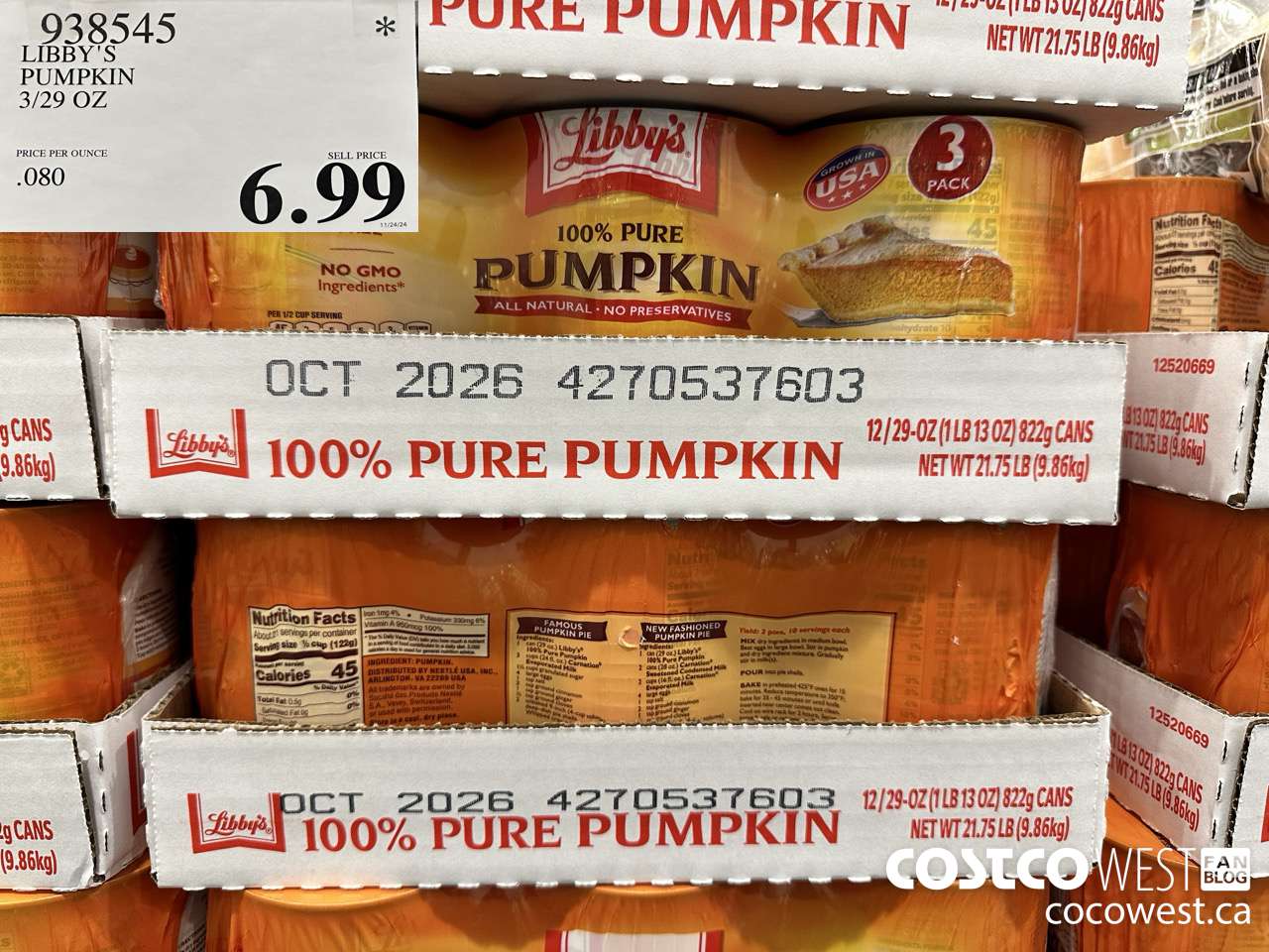 938545 LIBBY'S PUMPKIN 3/29 OZ $6.99