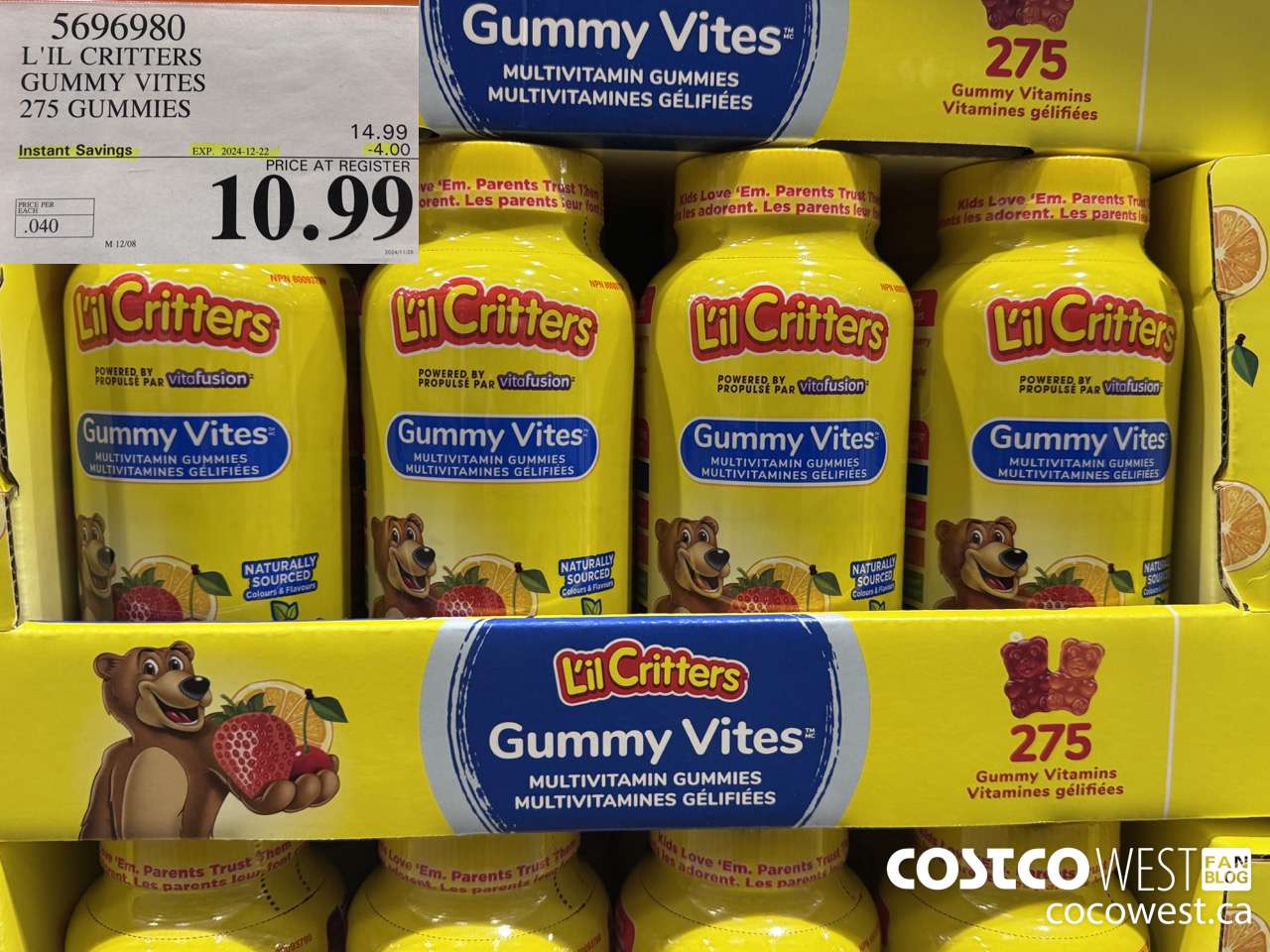 5696980 L'IL CRITTERS GUMMY VITES 275 GUMMIES ($4.00 INSTANT SAVINGS EXPIRES ON 2024-12-22) $10.99